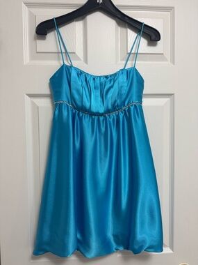 Fiesta Aqua Blue Satin Spaghetti Strap Mini Dress